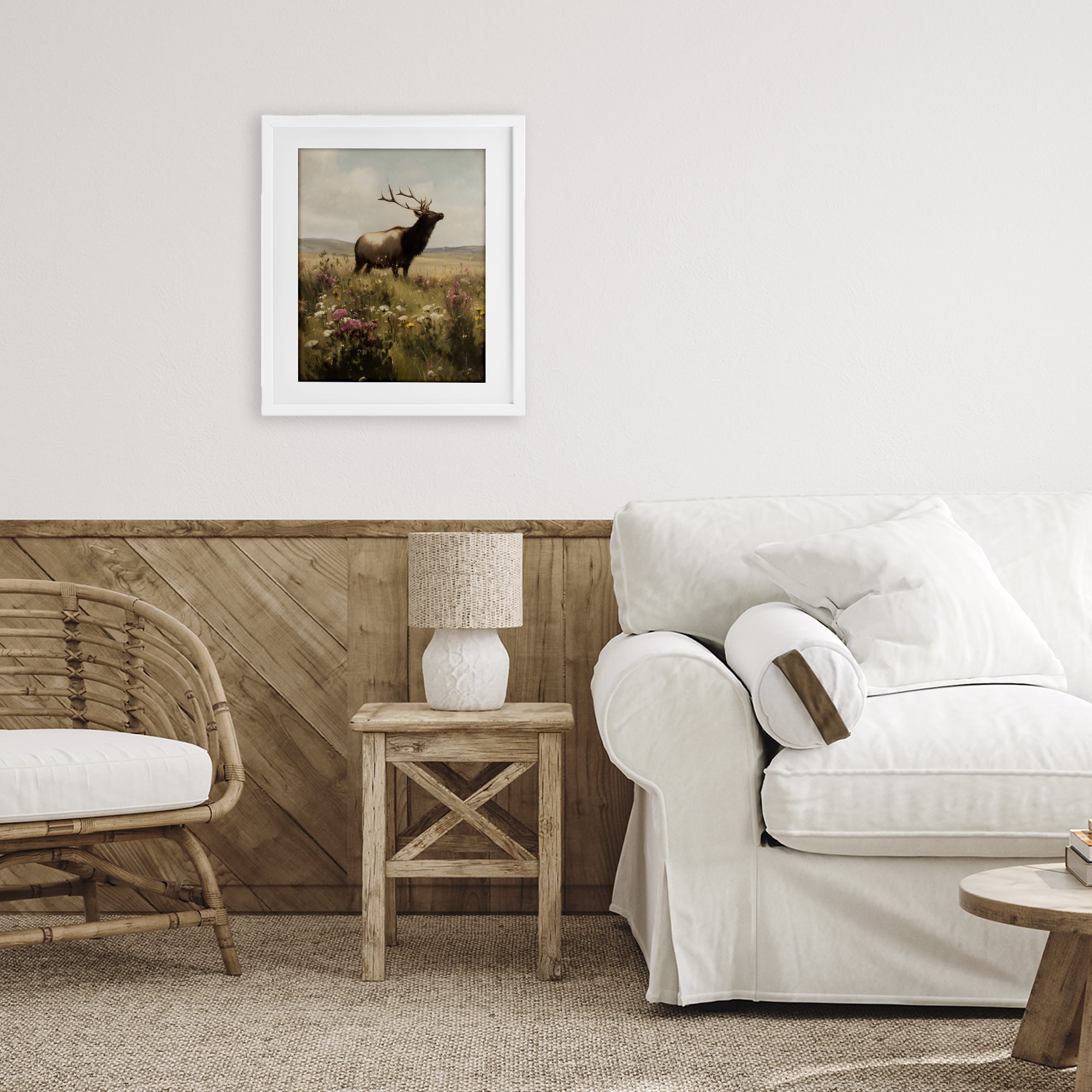 Stupell Industries Elk in the Wildflower Meadow White Framed Print Under Glass, design by Arlington Prints
