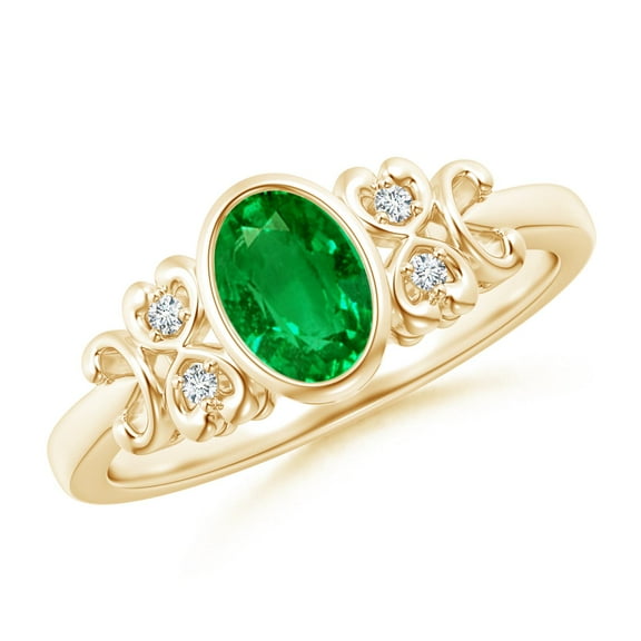 ANGARA Lab Grown Vintage Style Bezel-Set Oval Emerald Ring with Diamonds for Women in 14K Yellow Gold (Size-7x5mm) | May Birthstone, Anniversary, Jewelry Gift for Women | Lab-Grown Emerald Ring