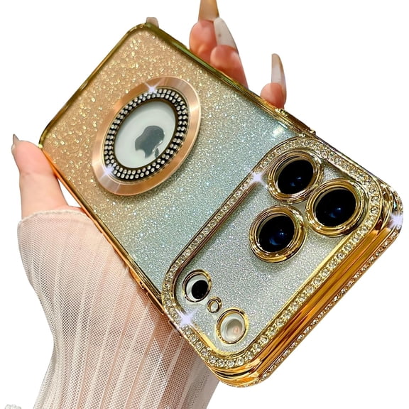 Compatible with iPhone 17 Pro Magnetic Glitter Case Compatible with Magsafe Luxury Bling Rhinestone Case with Logo View Plating Sparkle Diamond Camera Lens Protection for Women Girls