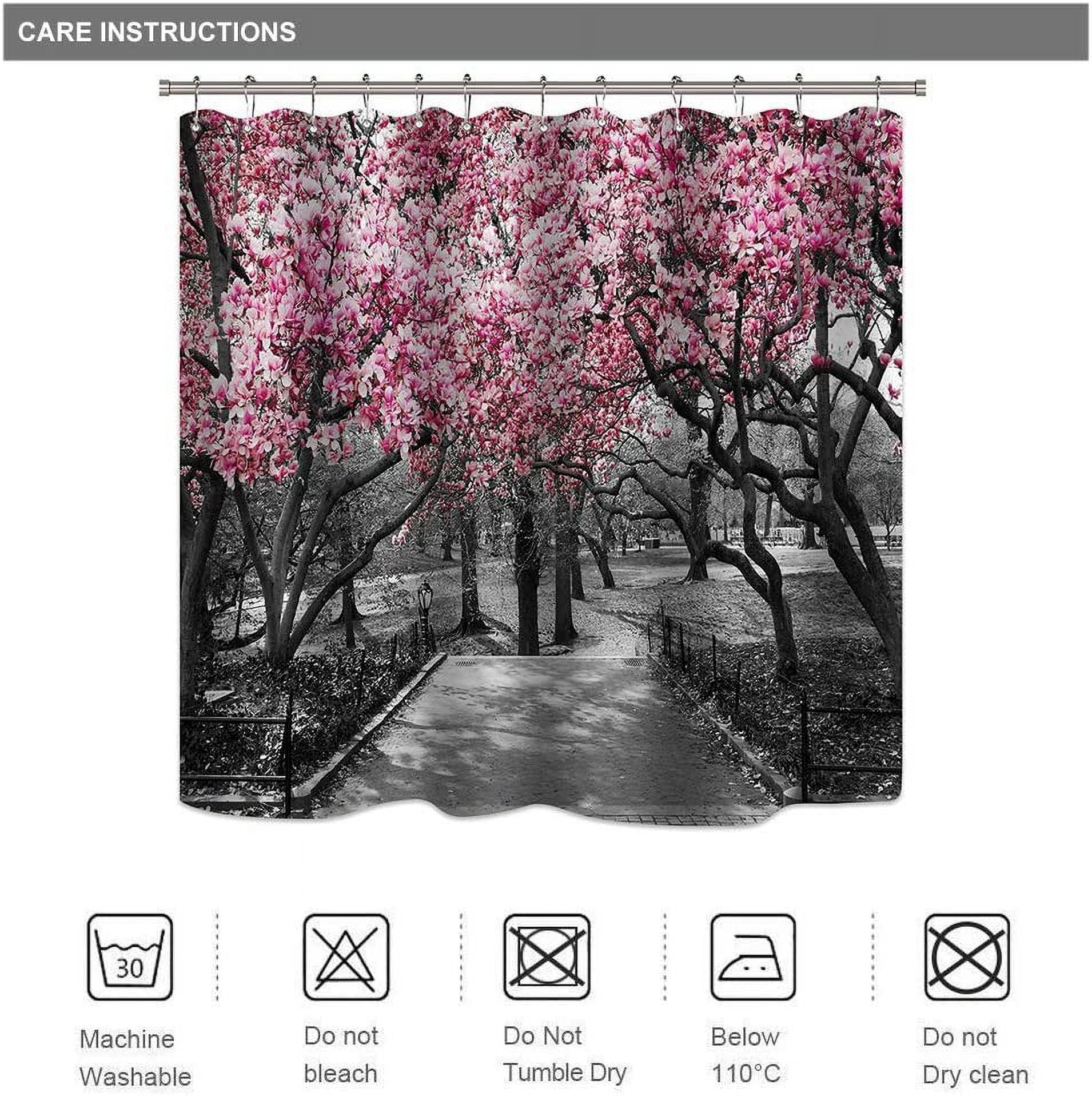 Blooming Pink and Gray Shower Curtain Flowers Cherry Blossoms Park Spring Floral Trees Road Landscape Scenic Fabric Waterproof Bathroom Decor Set 72x72 Inch 12 Shower Plastic Hooks