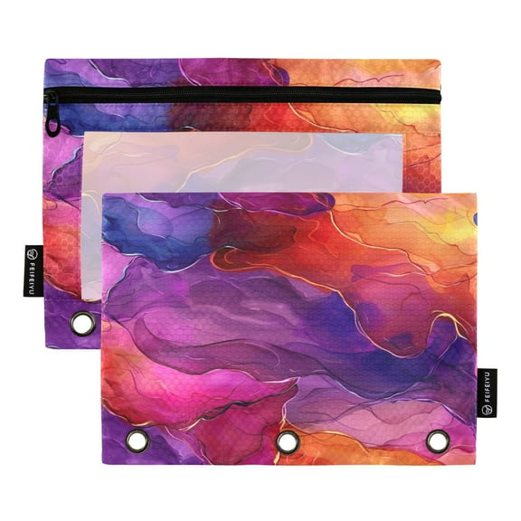 Rainbow Marble 2 Pack Pencil Pouch for 3 Ring Binder Smooth Zipper Folders with Pockets Clear Window Pencil Case