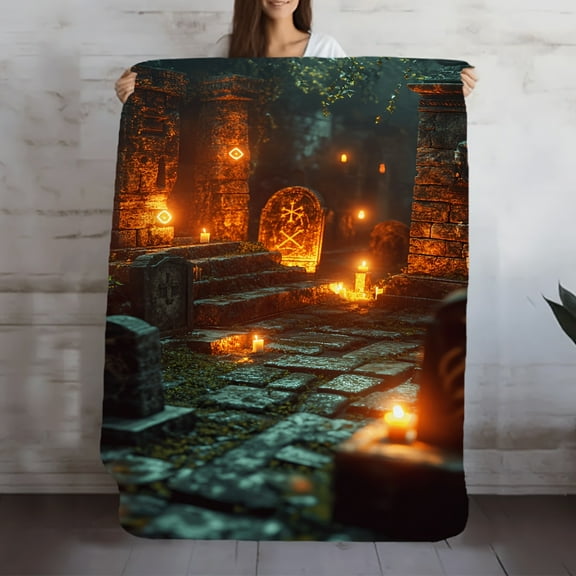 1pc Gothic Cemetery Blanket - Spooky Graveyard Design with Glowing Lanterns, Soft Flannel All-Season Bedspread for Halloween, Christmas, Camping, Office, Parties - Perfect Gift For Horror Fans & Home