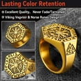 thumbnail image 4 of FaithHeart Viking Vegvisir Pirate Compass Mens Band Ring Gold Plated Stainless Steel Norse Scandinavian Jewelry Vintage Rune Valknut Protection Amulet for Dad Birthday Gift Size 13, 4 of 11