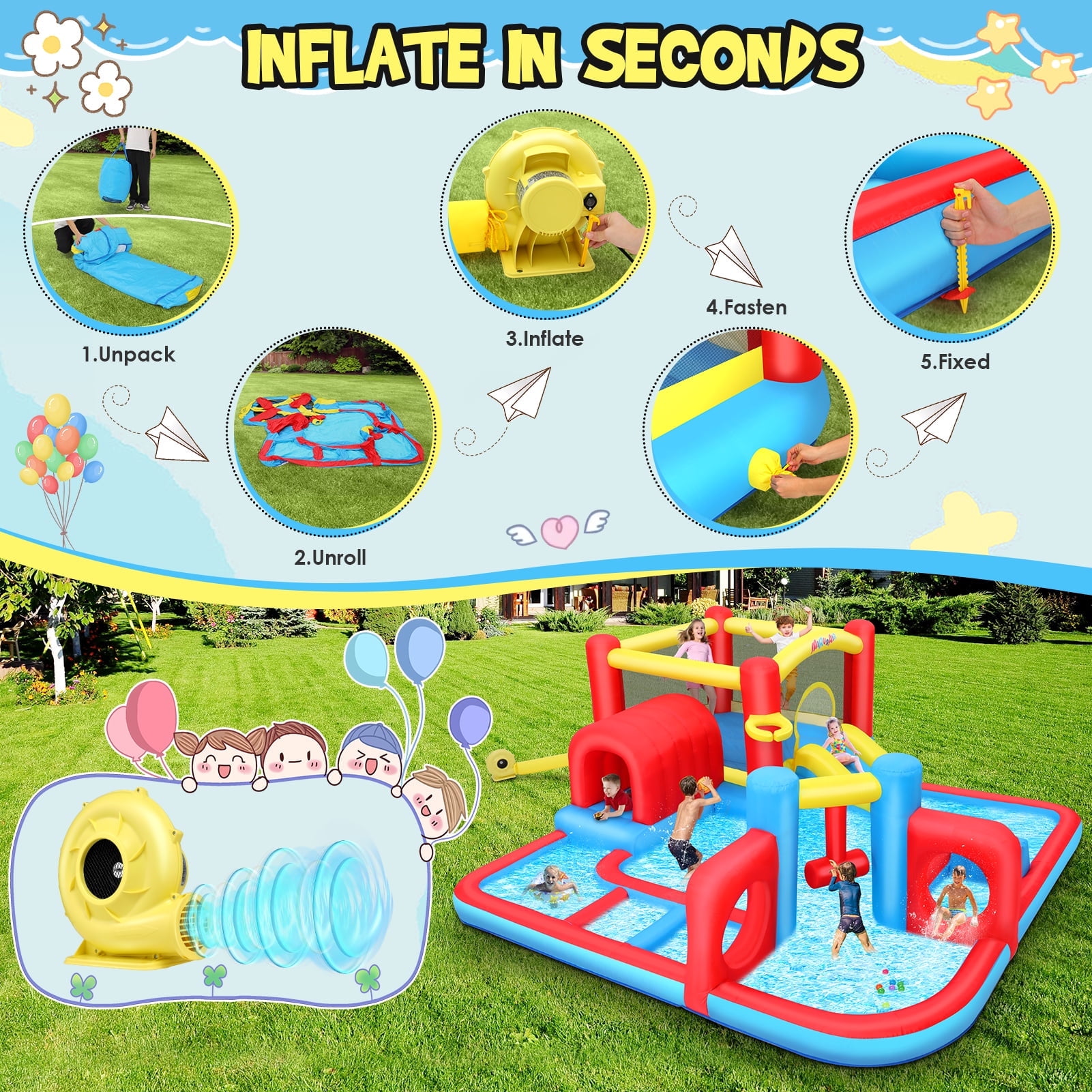 Adnoom 7 in1 Inflatable Water Slide Park for Kids 3~8 Years, Indoor/Outdoor Obstacle Course Bounce House Splash Pool with 520W Blower, Slide,BasketBall Hoop,Jumping Area Wet & Dry Bouncy Castle