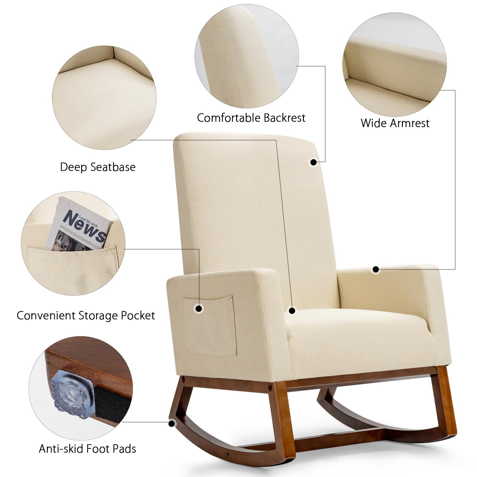 Giantex Rocking Chair, Living Room Padded Chair for Nursery, Home Office & School Use, Beige