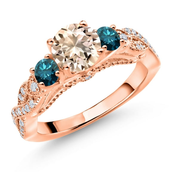 Gem Stone King 18K Rose Gold Plated Silver Peach Morganite Blue Diamond and White Moissanite Engagement Ring for Women (1.07 Cttw, Gemstone October Birthstone, Round 6MM and 3MM, Size 8)