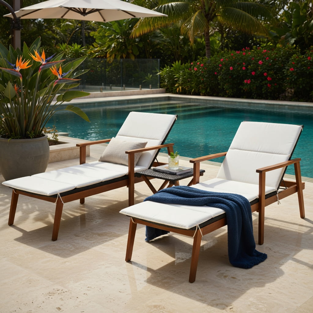 Hommoo 3-Piece Outdoor Rattan Lounge Chair Set with Foldable Side Table, Adjustable Reclining Patio Seating for Deck, Pool & Backyard, White