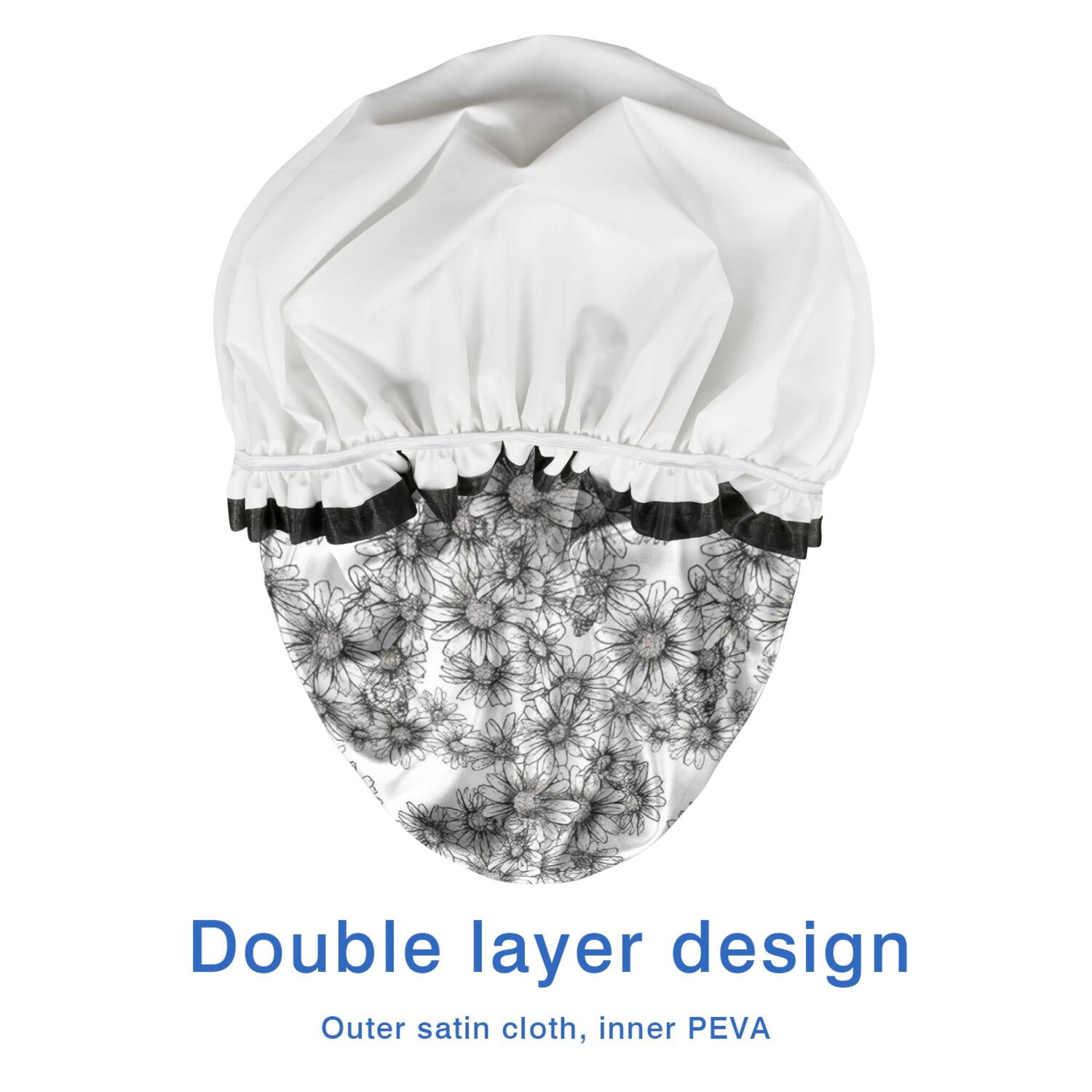 Shower Caps,White Daisy Pattern Waterproof Shower Cap for Women 4 Pieces,Double Reusable Hair Cover for Shower PEVA Elastic Stretch Hem