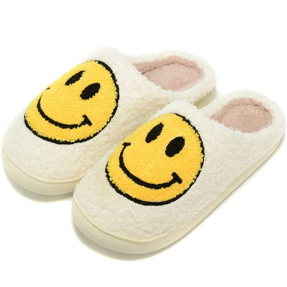 Chaussons Rétro Visage Pelucheux pour Femmes Hommes Rétro Doux Moelleux Chaud Maison Antidérapant Style Couple Décontracté Chaussons Visage Souriant Intérieur Extérieur Antidérapant Chaud Confortable Mousse Pelucheux avec Mousse à Mémoire de Forme