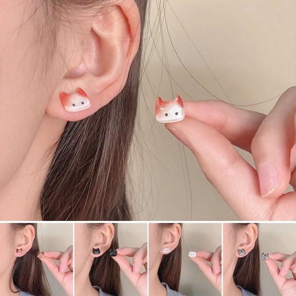 SmartBy 1 Pair Women Stud Earrings Imitation Crystal Gradient Color Cartoon Cat Design Ear Studs Jewelry Gift