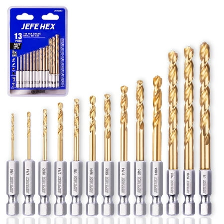 

JEFE HEX 13-Piece Drill Bits Set Hex Shank Drill Bit Set for Quick Change Titanium HSS Twist Drill Bits 135 Degree Easy Cut Split Point