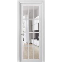 Solid French Pre-Hung Door Clear Glass 12 lites | Felicia 3355 White Silk | Single Regular Panel Frame Trims Handle | Bathroom Bedroom Sturdy Doors -42" x 96"