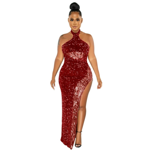 Prolriy Robe de Cocktail Femme Paillettes Transparentes Couleur Unie Sans Manches Col Robes de Soirée pour Femmes 2025 Nouvelle Année Robe Rouge TG