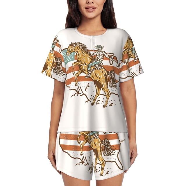 Fotbe Vintage Wild West Cowboy Conjunto de Pijama Estampado para Mujer, 2 Piezas, Ropa de Dormir con Camiseta de Manga Corta y Shorts Suaves-X-Large