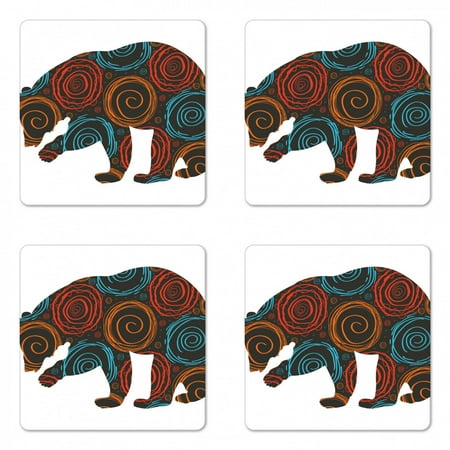 

Animal Coaster Set of 4 Bear Silhouette Covered with Abstract Circular Spiral Shapes Dots Illustration Square Hardboard Gloss Coasters Standard Size Multicolor by Ambesonne