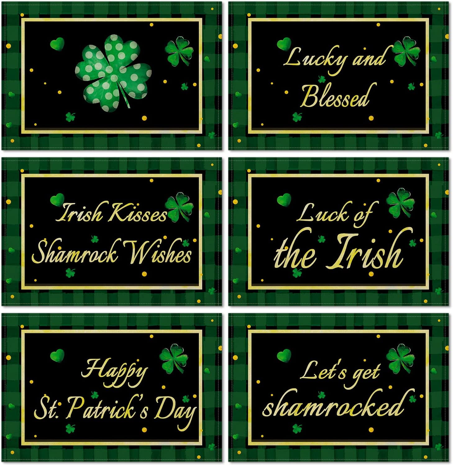 SPXUBZ St. Patrick's Day Placemats, Green and Black Plaid Clover Spotted Love Lucky and Blessed