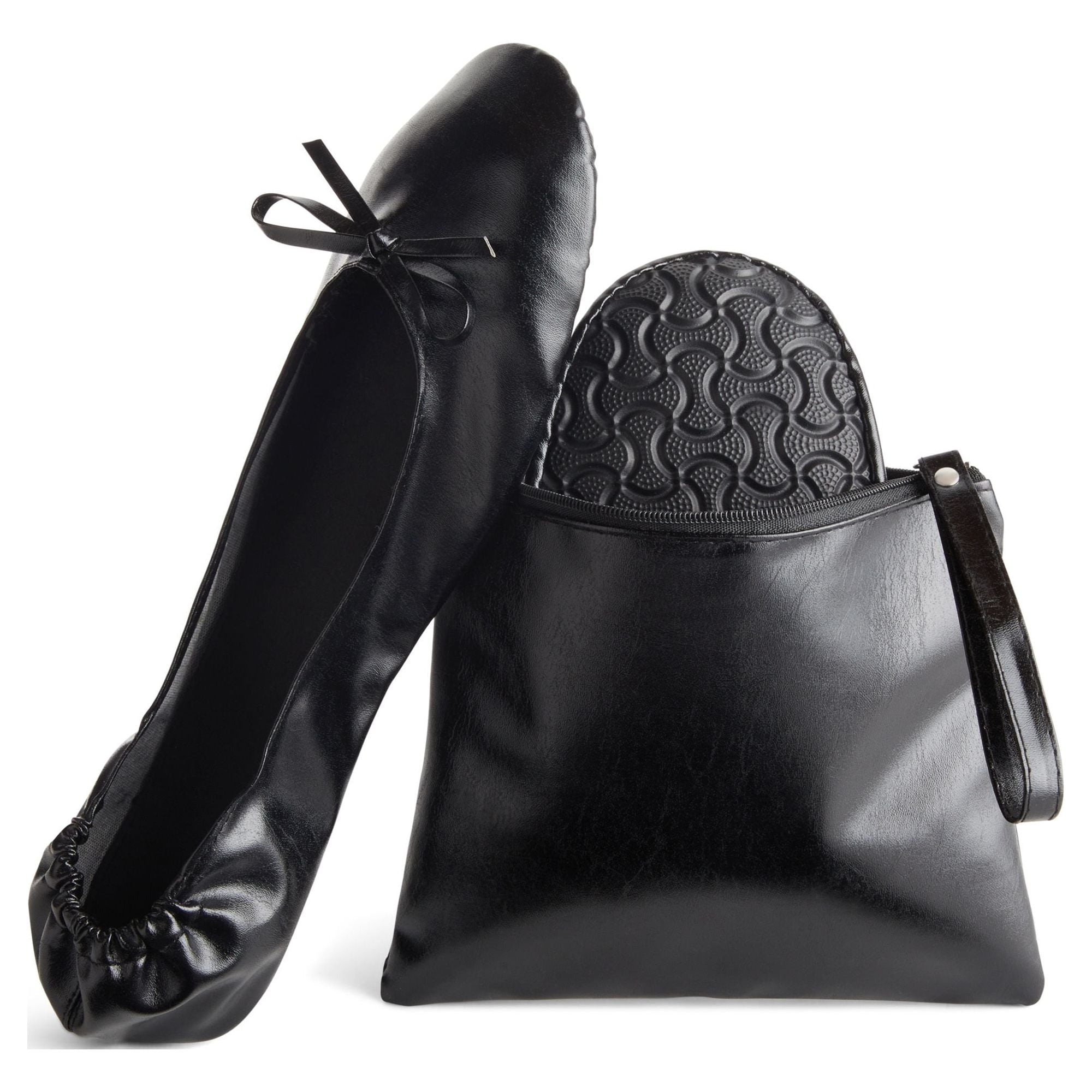 Black Foldable Ballet Flats for Women Roll Up Flats with Zipper Pouch US Size 7 8