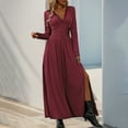 thumbnail image 6 of Enjoytime Maxi Dresses for Women 2025 Solid Color Long Sleeve V-Neck Slit Slim Party Dress Casual Fall Winter Dresses Wine M, 6 of 7