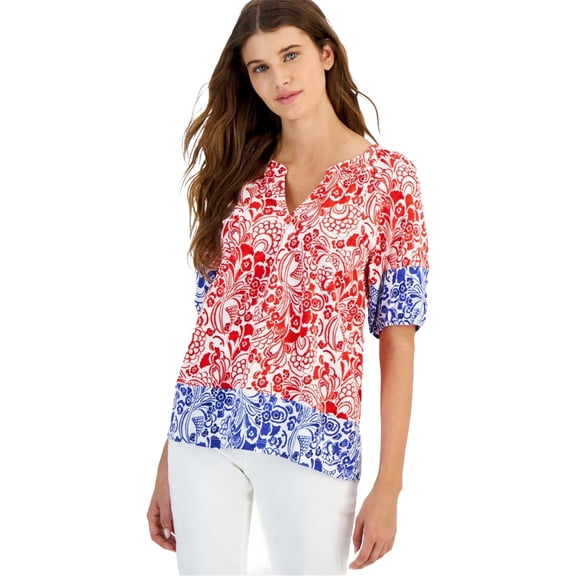 Tommy Hilfiger Womens Floral Puffed Sleeve Embellished T-Shirt, Red, X-Small