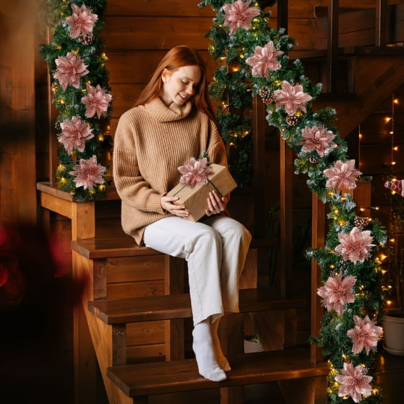 Clispeed clip on poinsettia flowers Artificial Poinsettia Flowers Rose Gold 12Pcs