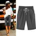 thumbnail image 2 of Lenpel Bermuda Shorts for Women Elastic High Waisted Drawstring Button Front Knee Length Shorts Summer Casual Shorts with Pockets, 2 of 7