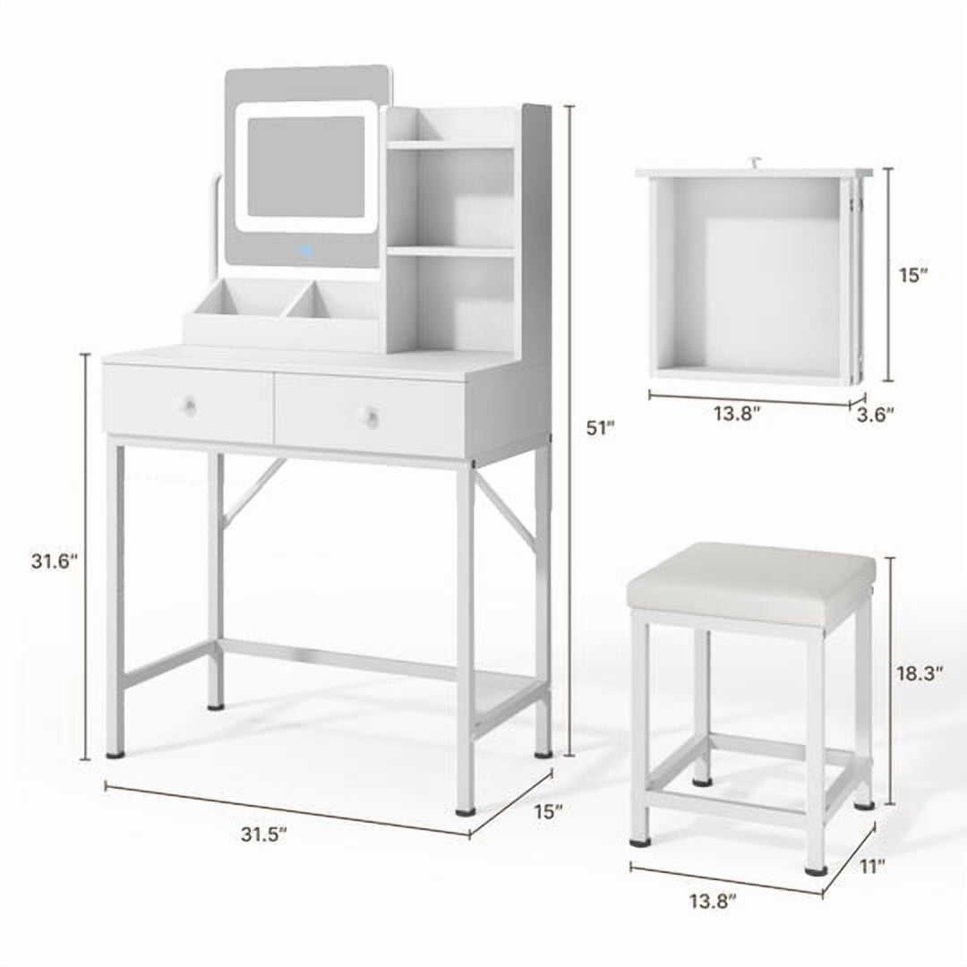 Aiho Dressing Table, Get Ready with Me GRWM 2-Piece Vanity and Stool with Lighted Mirror, 31.5" Makeup Vanity with 3 Color Lights - White