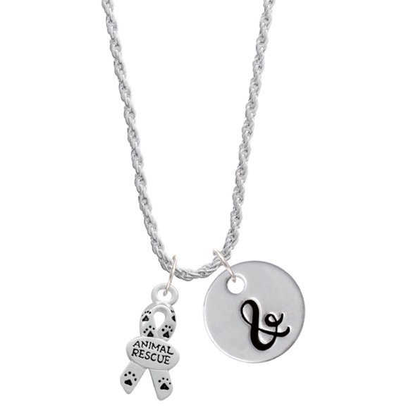 Delight Jewelry Silvertone Small Paw Print Ribbon ''Animal Rescue'' Silvertone Script Initial Disc - & - Charm Necklace, 20"+3"