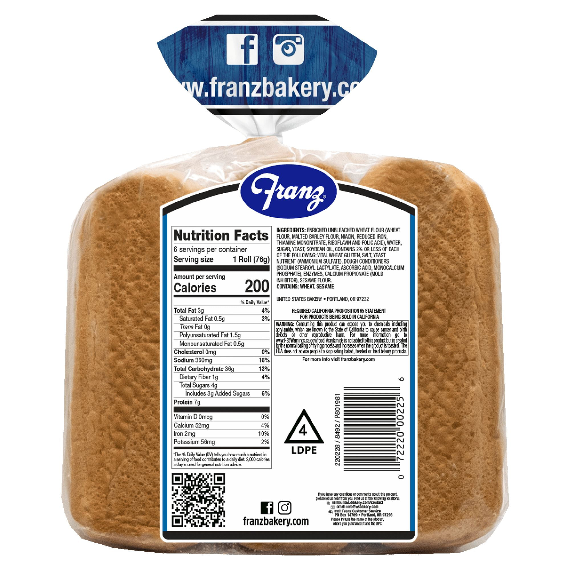 Franz Rolls Original Hoagie, 6 ct, 16 oz