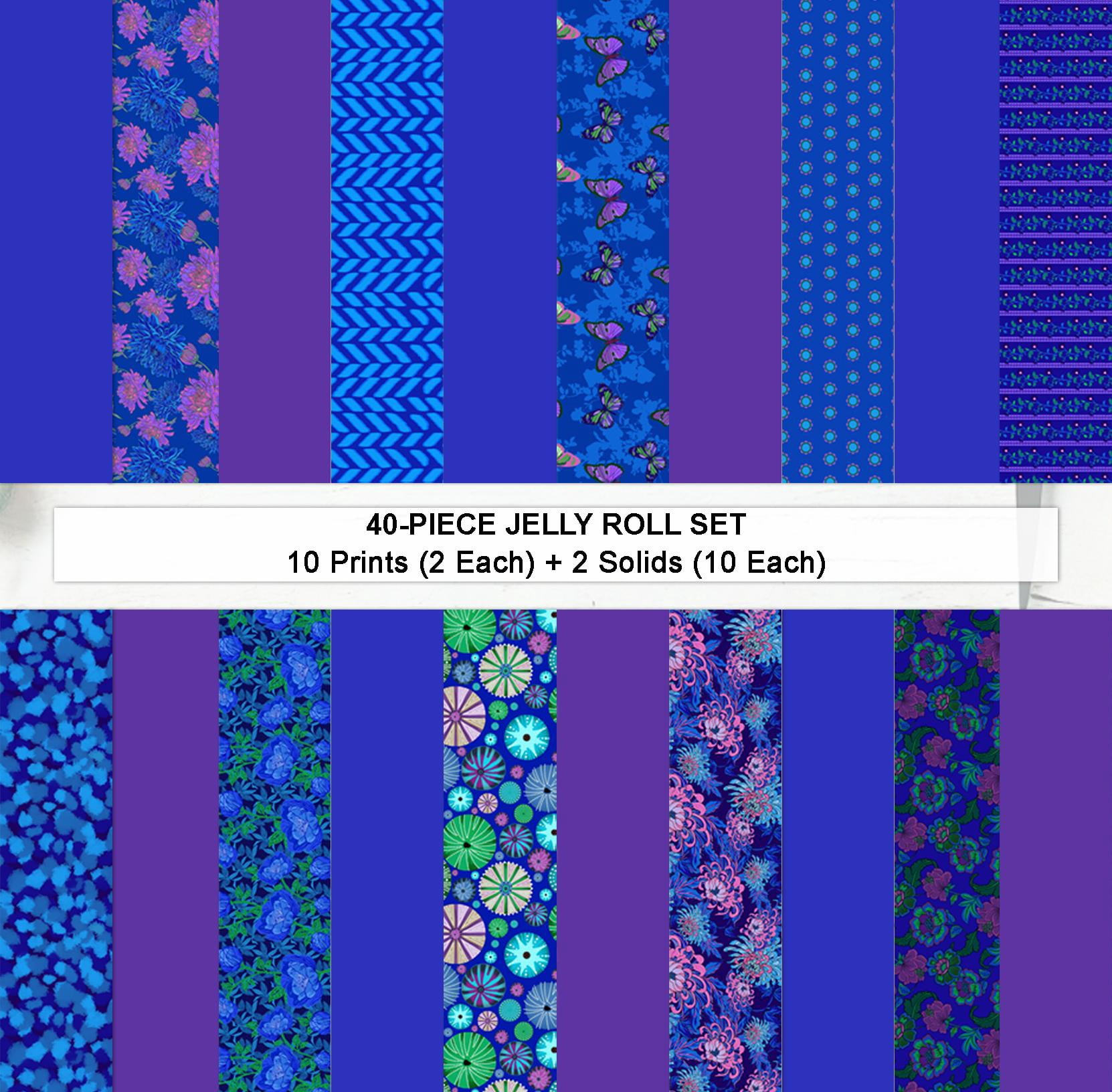 Soimoi Jelly Roll 40 Strip Assorted Bundle, Fabric Strips for Quilting, Crafting, 100% Cotton Fabric Jelly Roll Bundle For Scrapbooking, Precut Quilt Projects, DIY Crafts- Blue Violet Harmony