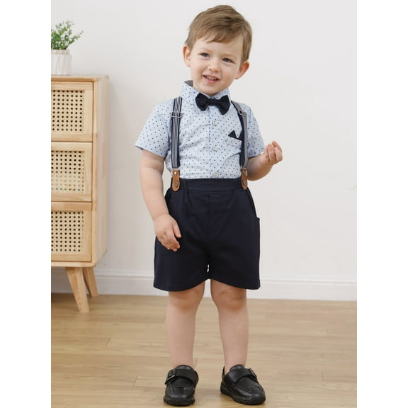 CARETOO Boys Suit Toddler Dress Clothes Top Tie Suspenders Shorts 12M-5T Cotton Fabric Outfits