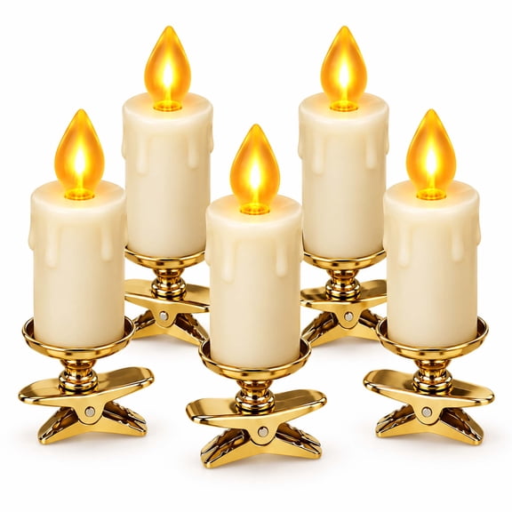 CLIQKWEN 5/10-Piece Flameless Clip-On Christmas Tree Candle Set - LED Warm White Flickering, Removable Clips - Battery-Powered Holiday & Festival Decor