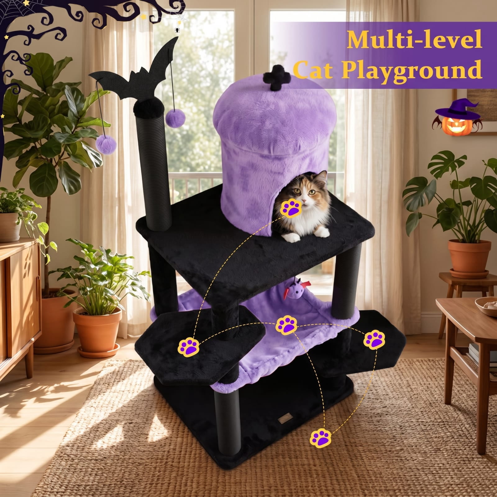 Vebreda Gothic Cat Tree for Indoor Cats, 51 in Multi-Level Cat Tower with Condo, Hammock, 2 Perches, Scratching Posts and Spider Toys, Purple