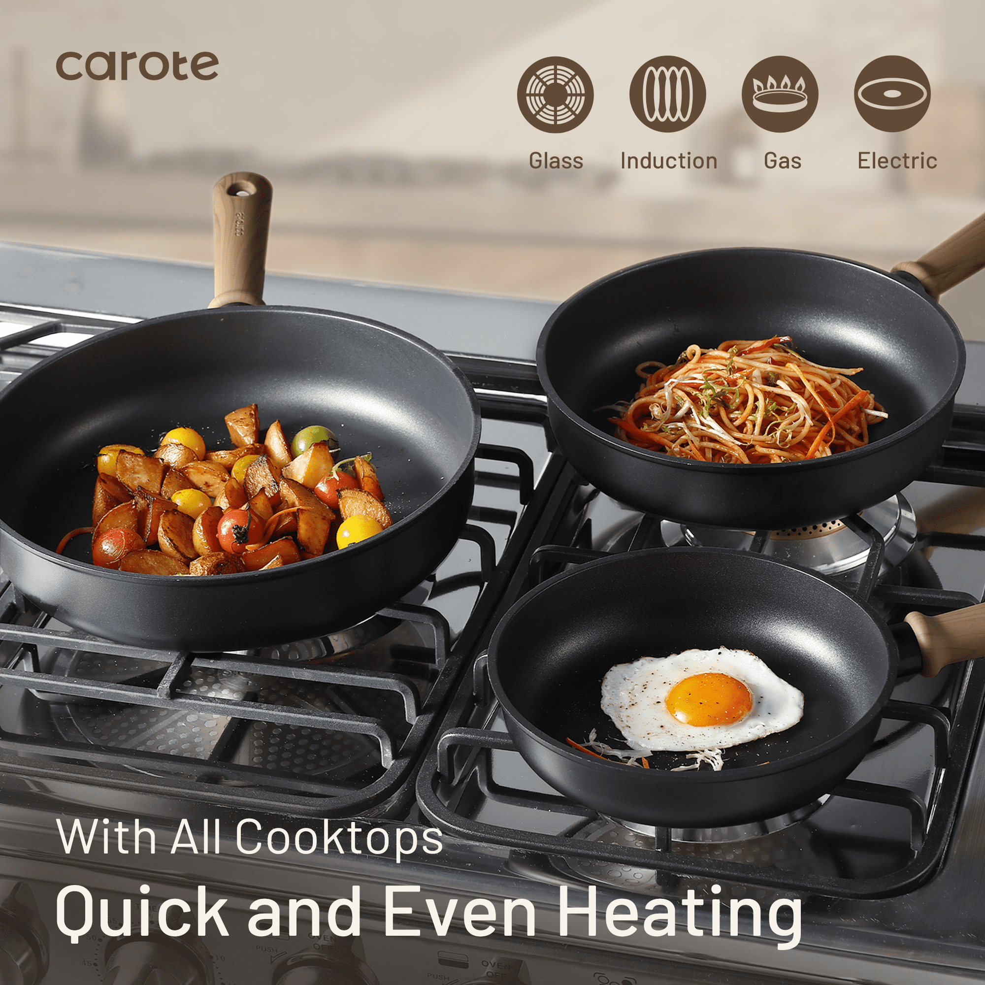 Carote 3Pcs Nonstick Frying Pan Set, 8&10" Titanium Omelette Pan Set, Induction Cookware, Chef's Pan
