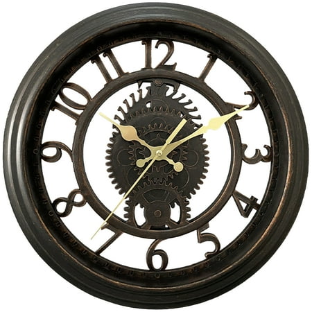 Unique Bargains Rustic Farmhouse Gear Clock with Moving Gears Wall Clock Black