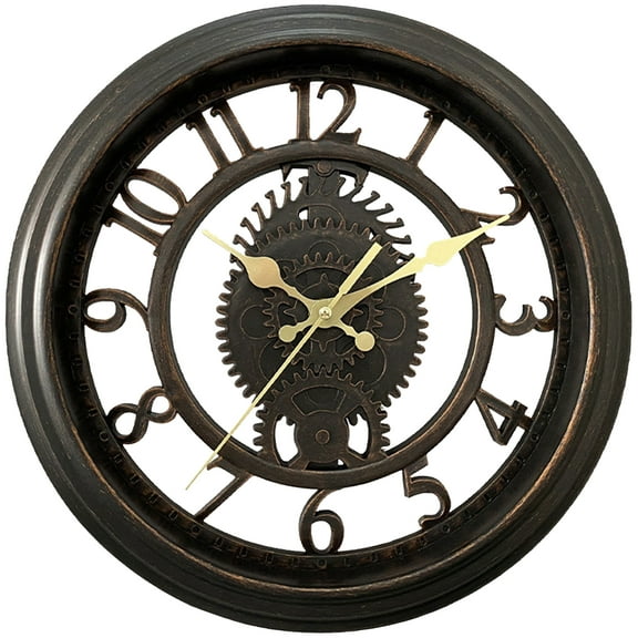 Unique Bargains Rustic Farmhouse Gear Clock with Moving Gears Wall Clock Black