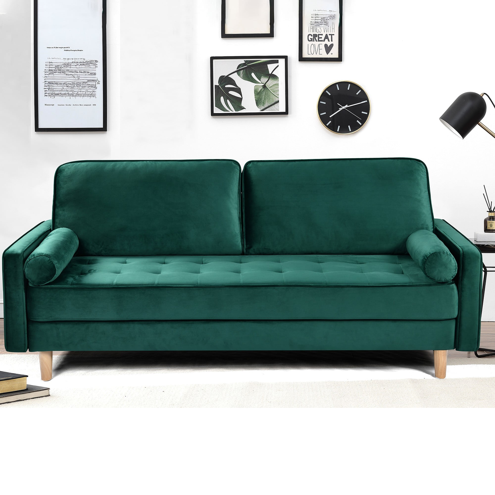 70" Modern Velvet Loveseat Sofa Couch,Mid-Century Tufted Upholstered Small Love Seat Couch with 2 Pillows for Compact Space,Living Room,Apartment,Green