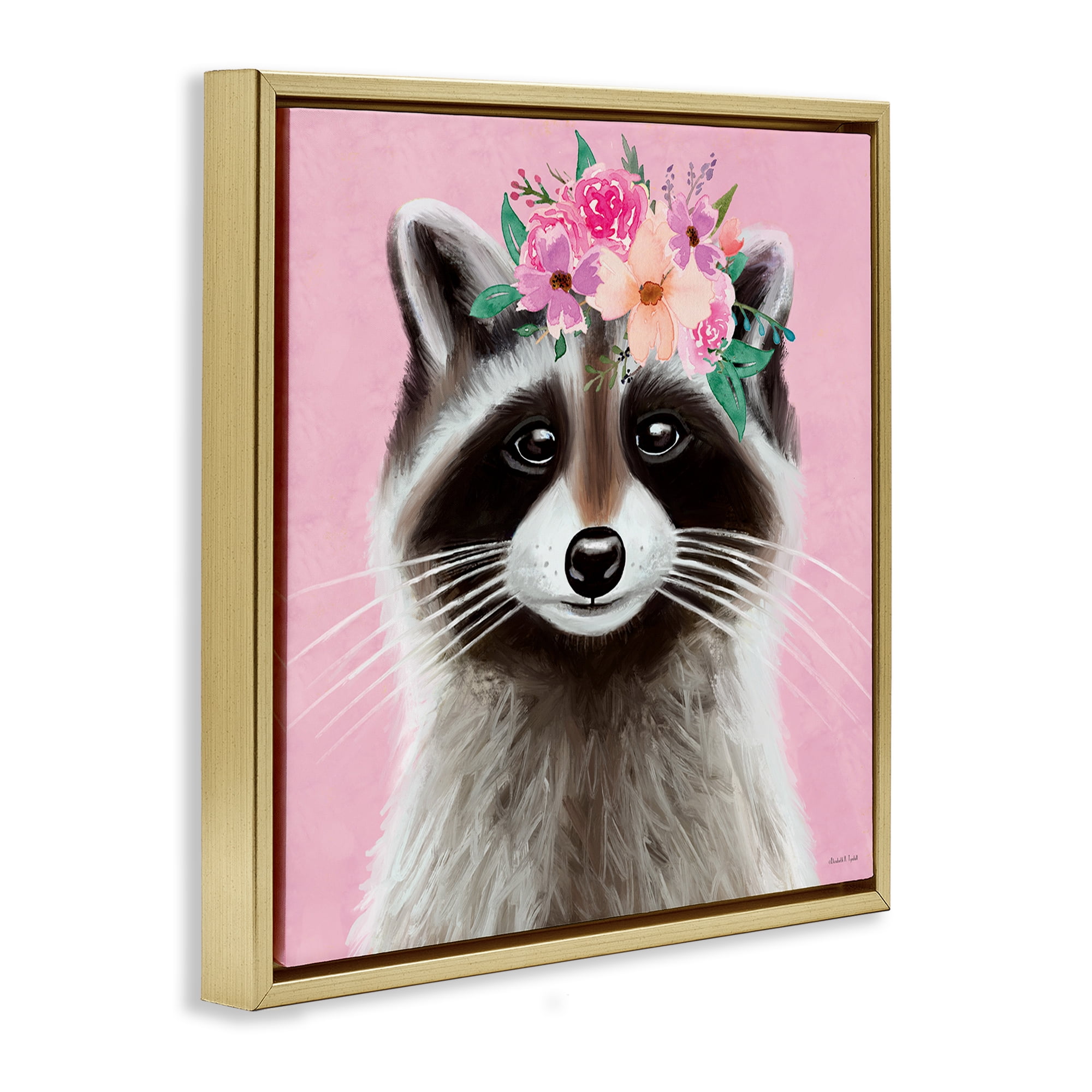 Stupell Industries Pink Florals Raccoon Animals & Insects Painting Gold Floater Framed Canvas Art Print Wall Art, 25 x 25
