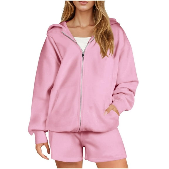 AKOEE Cotton 2 Piece Sweatsuits Short Sets Womens Full Zip Hoodie Jacket and Shorts with Pockets Sports Outfits (XL, Pink)