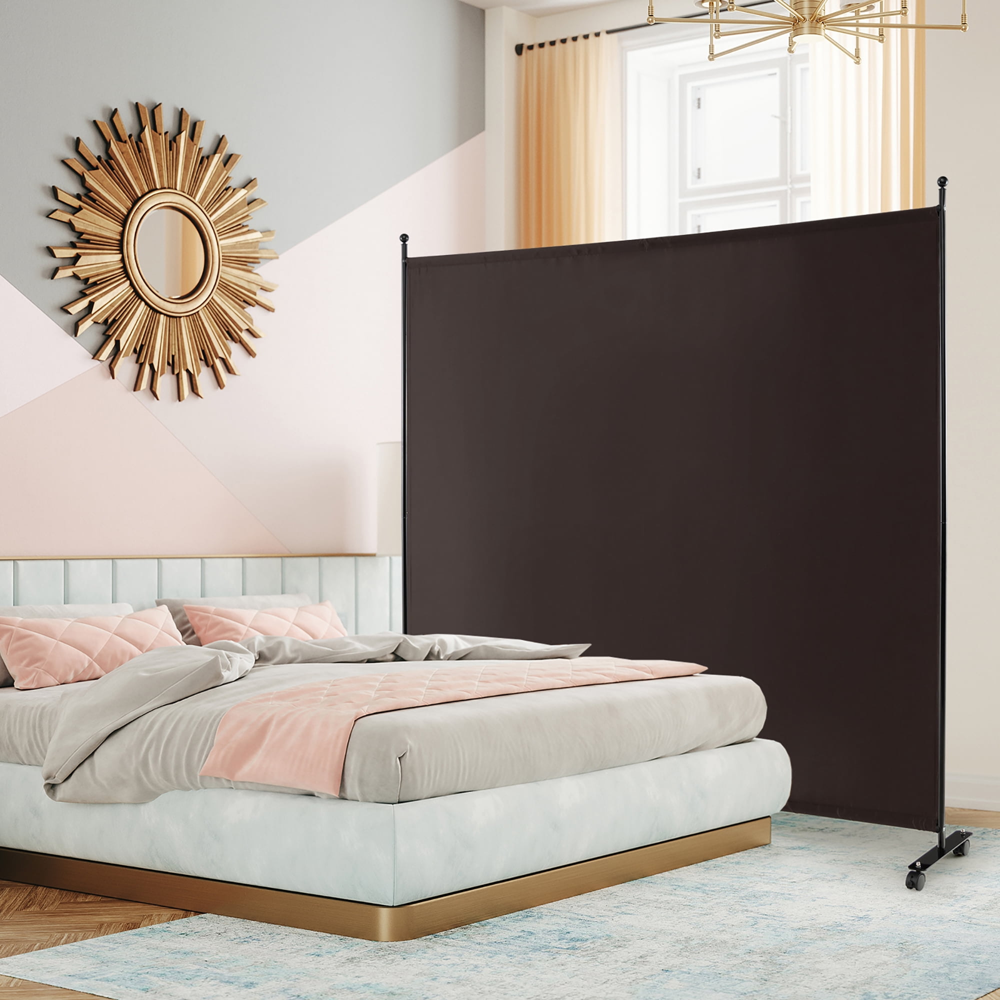 Costway 6FT Single Panel Room Divider with Wheels Rolling Fabric Partition Privacy Screen Brown