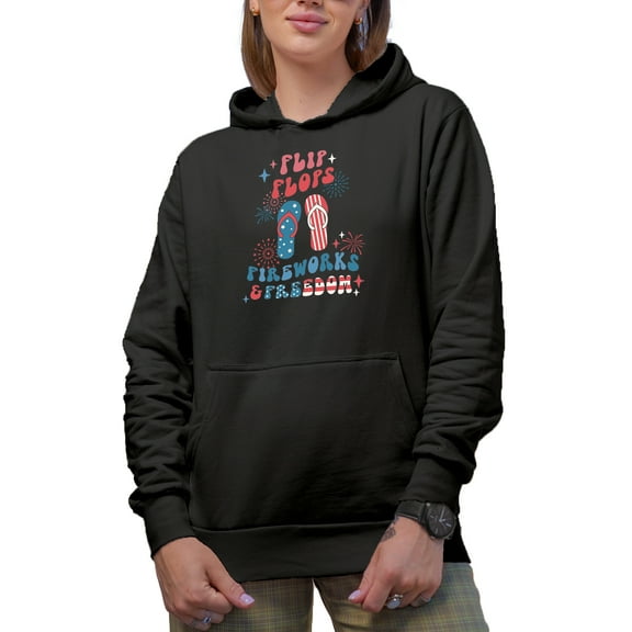 Flip Flops, Fireworks & Freedom, Retro 4th of July Gift, Black Hooded Sweatshirt or Hoodie, Large