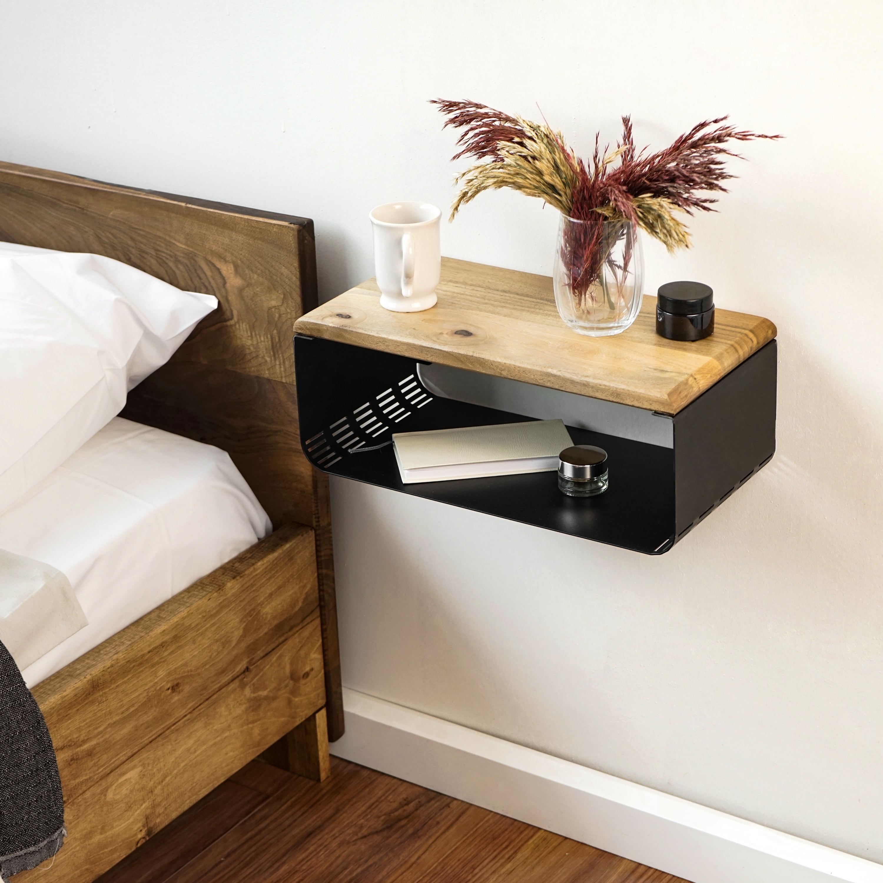 Ultimate Premium Products Small Floating Metal Nightstand with Walnut Top