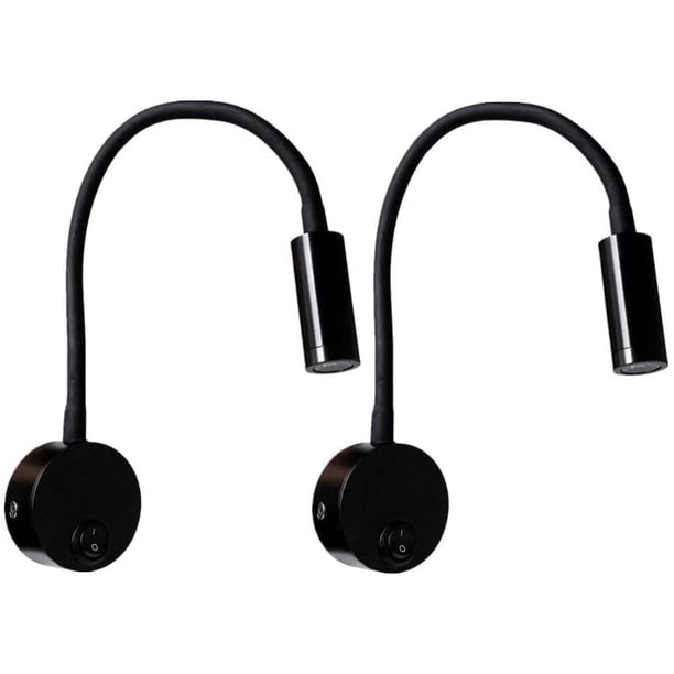 Juego de 2 lámparas de noche de aluminio negro, lámparas de escritorio con luz blanca cálida y protección ocular, lámpara de lectura de pared LED de 3 W con interruptor