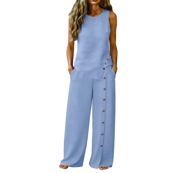 AHTJRT Two Piece Outfits for Women Summer Matching Sets Sleeveless Tops Lounge Beach Vacation Sets Wide Leg Pants Suits Light Blue XL