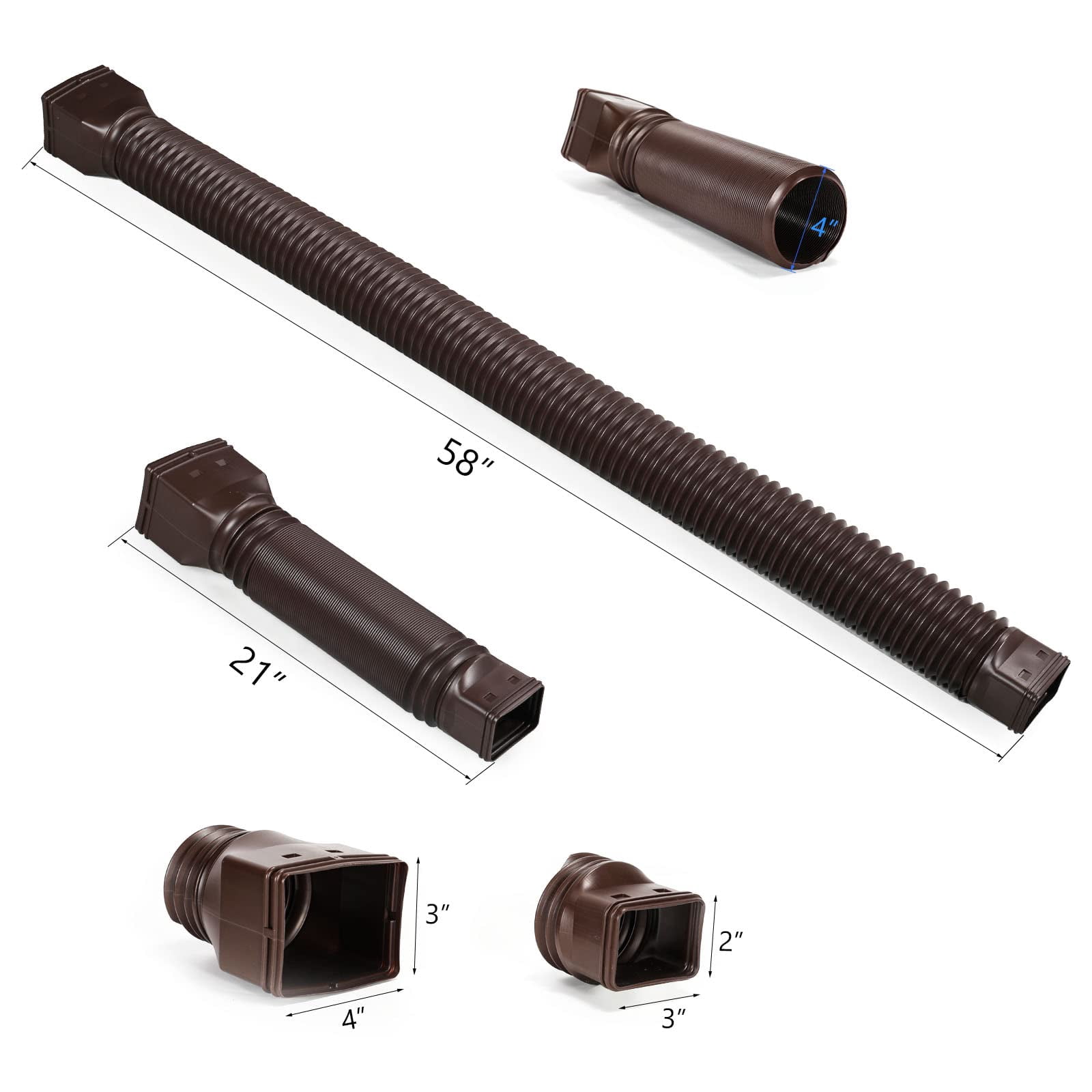 Rain Gutter Downspout Extensions – 2-Pack Flexible Drain Extendable From 21" To 67", Thickened PE Hose With Adapters & Screws (Brown)