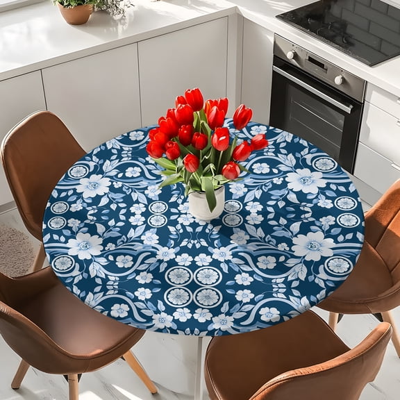 Vintage Floral Elastic Fitted Round Tablecloth Blue Waterproof Outdoor Table Cover for Holiday Party, Picnic, Patio & Dining Fits Tables Up to 36"-44"
