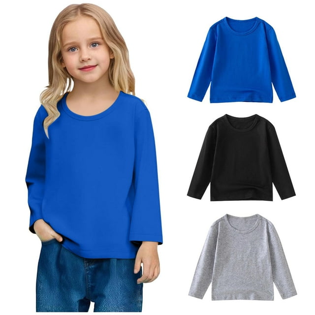 fatyb Garçons Filles T-Shirts à Manches Longues Lot de 3 Enfants Coton Col Ras du Cou sous-Maillots Décontractés T-Shirts de Couleur Unie