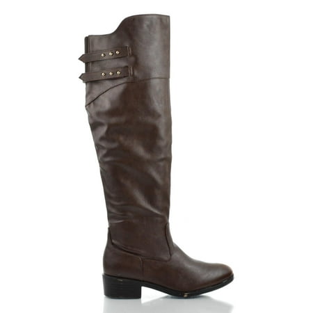 Zip Knee Boot - West by Dollhouse, Almond Toe Knee High Buckle Zip Up Low Heel Riding Boots
