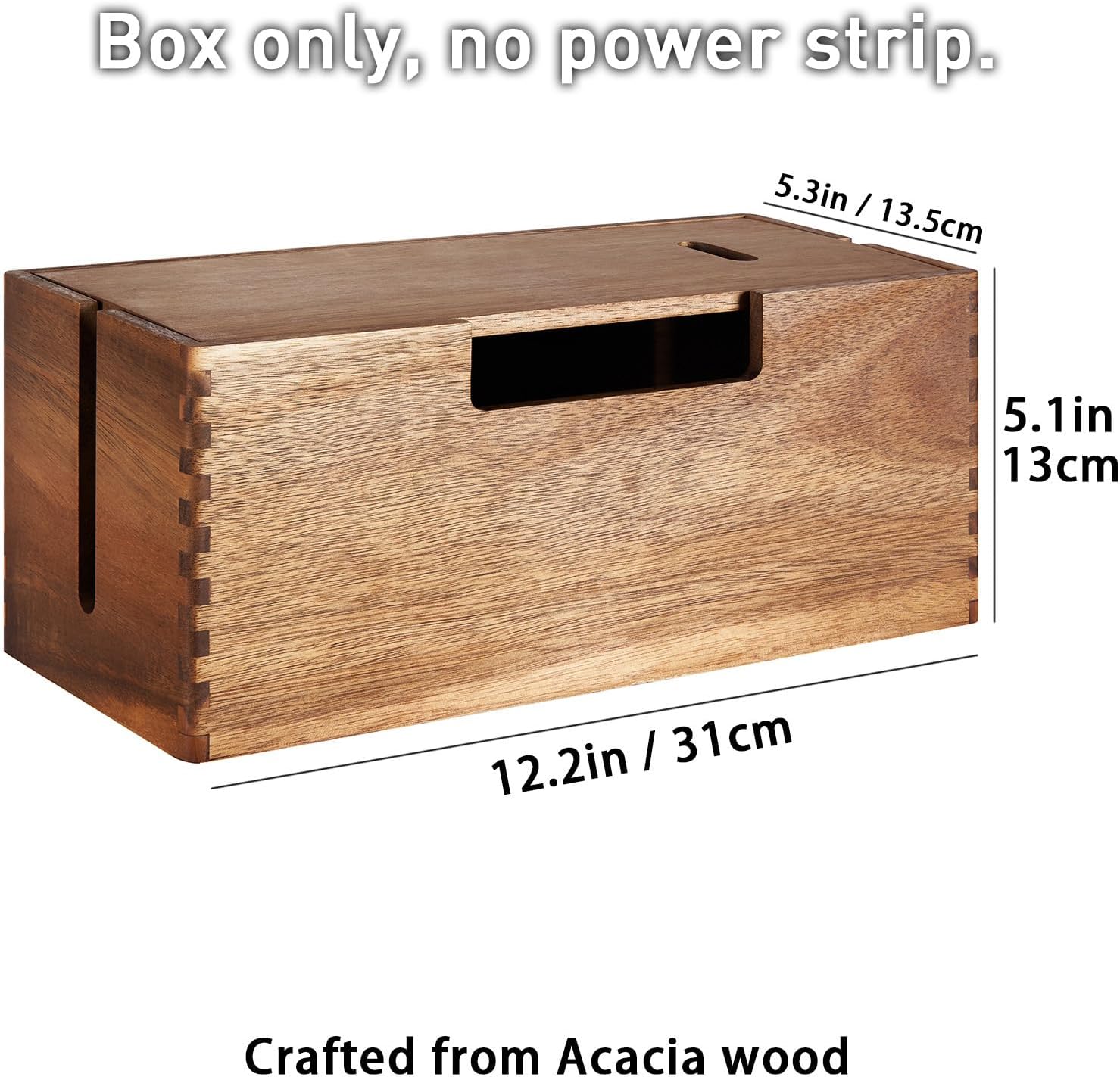 Acacia Wood Cable Management Box, Wooden Cord Hider & Organizer for Power Strip, Electrical Hiding, TV Wires, Desk & Floor Cables