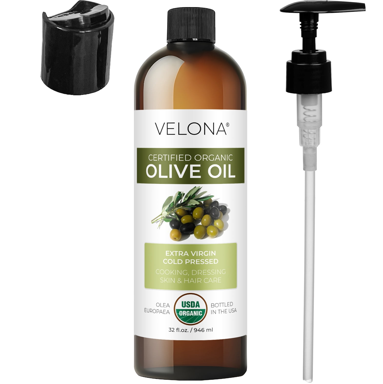 Velona USDA Certified Organic Olive Oil - 32 oz | 100% Pure and Natural Carrier Oil | Extra Virgin, Unrefined, Cold Pressed | Cooking, Dressing, Face, Hair, Body, Skin Care | Use Today - Enjoy Results