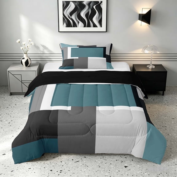 Manfei Abstract Geometric Twin Comforter Sets, Teal Gray Black WhiteSquare Bedding Set, Black Reversible 2pcs, 1 Comforter and 1 Pillowcase